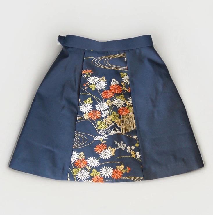 Vintage Obi Silk A-Line Mini Skirt in Navy Chrysanthemum