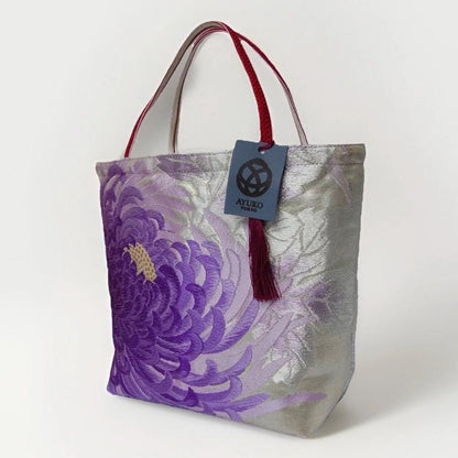Rangiku 乱菊 Chrysanthemum Vintage Obi Silk Tote in Purple Silver