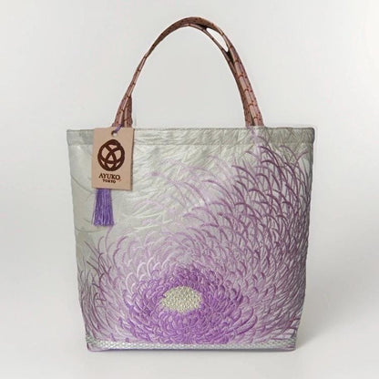 Rangiku 乱菊 Chrysanthemum Vintage Obi Silk Tote in Lilac Silver