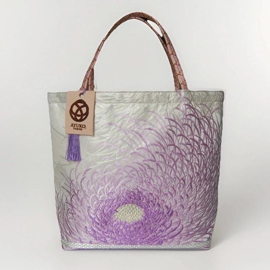 Rangiku 乱菊 Chrysanthemum Vintage Obi Silk Tote in Lilac Silver
