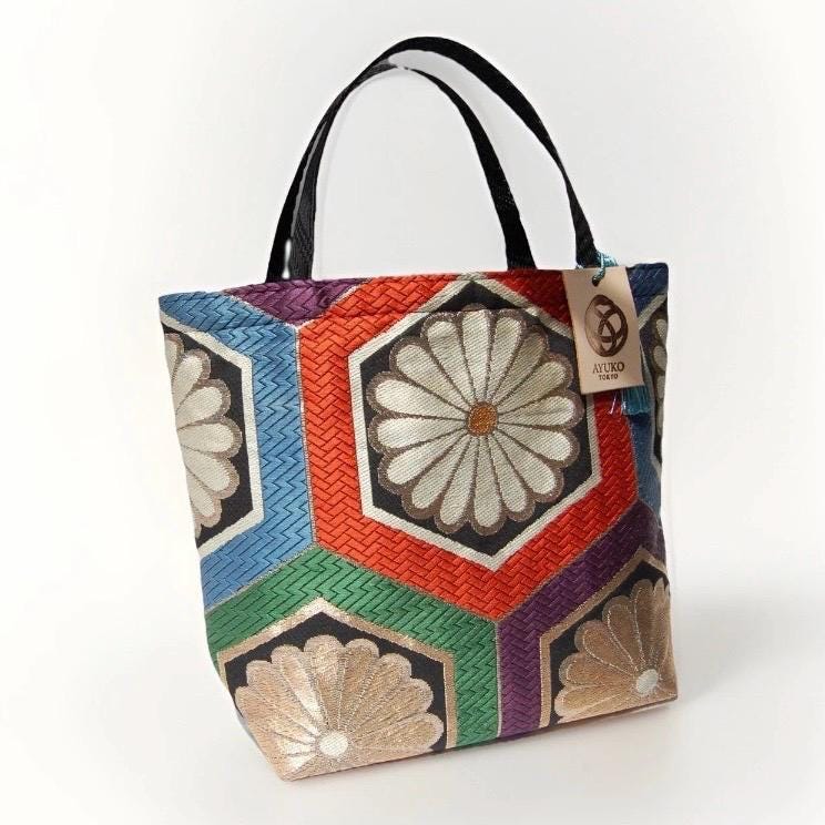 Kikkō Chrysanthemum 亀甲菊文様 Vintage Obi Silk Tote in Black Multi
