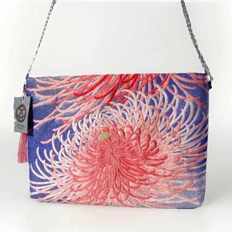 Vintage Fukuro Obi Shoulder Bag — Pink Ran-Giku Chrysanthemum on Blue Silk