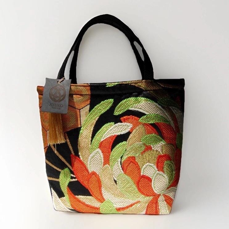 Rangiku 乱菊 Chrysanthemum Vintage Obi Silk Tote in Green Gold Orange