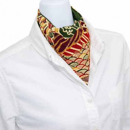 Vintage Obi Silk Cravat — Multicolor Arrow Feather & Wave Motifs 矢羽根立波文