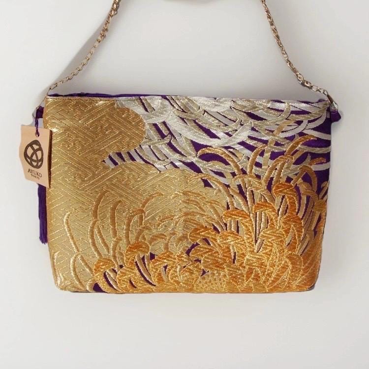 Vintage Fukuro Obi Shoulder Bag — Gold Ran-Giku Chrysanthemum on Purple Silk
