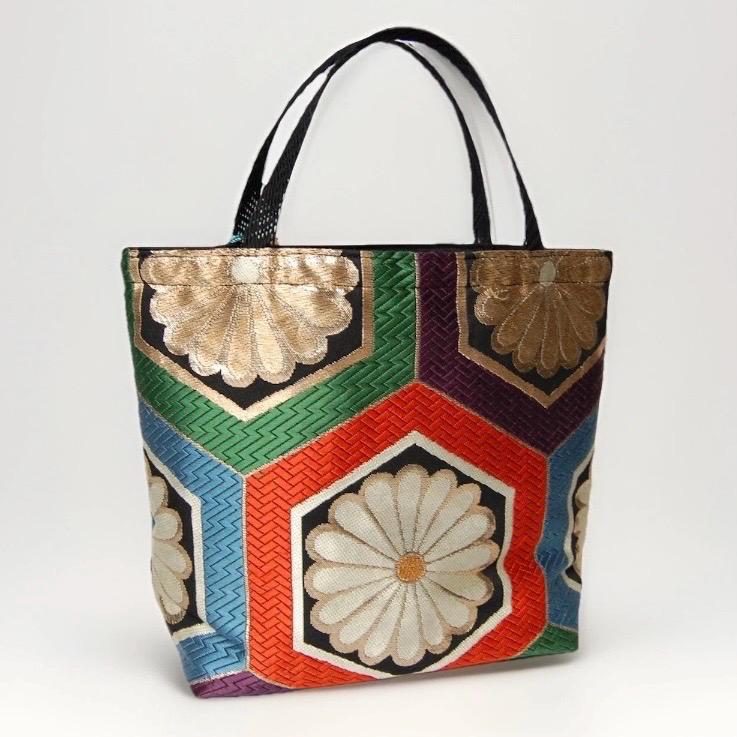 Kikkō Chrysanthemum 亀甲菊文様 Vintage Obi Silk Tote in Black Multi