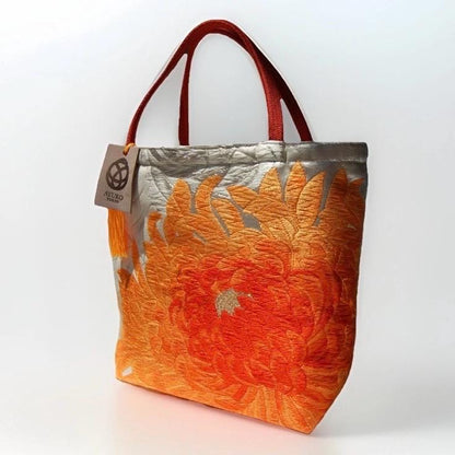 Rangiku 乱菊 Chrysanthemum Vintage Obi Silk Tote in Orange Silver