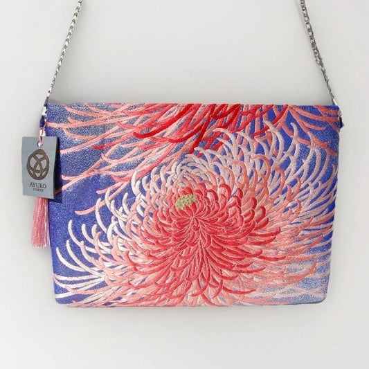 Vintage Fukuro Obi Shoulder Bag — Pink Ran-Giku Chrysanthemum on Blue Silk