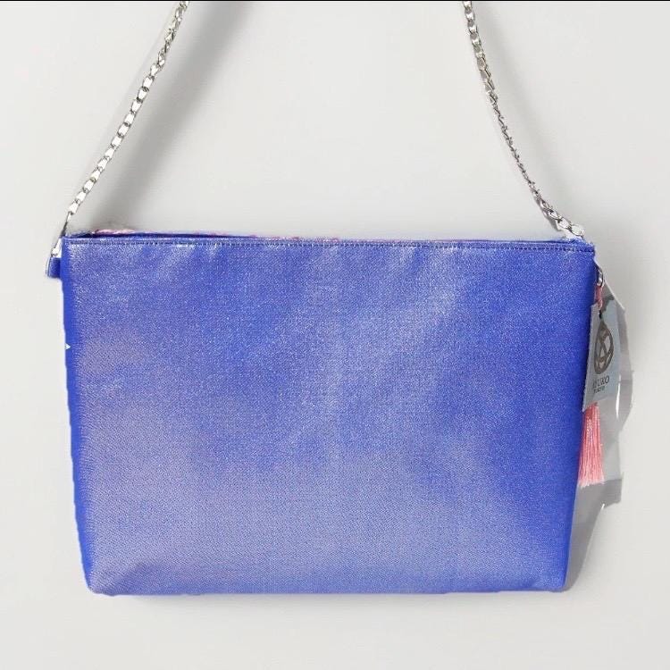 Vintage Fukuro Obi Shoulder Bag — Pink Ran-Giku Chrysanthemum on Blue Silk