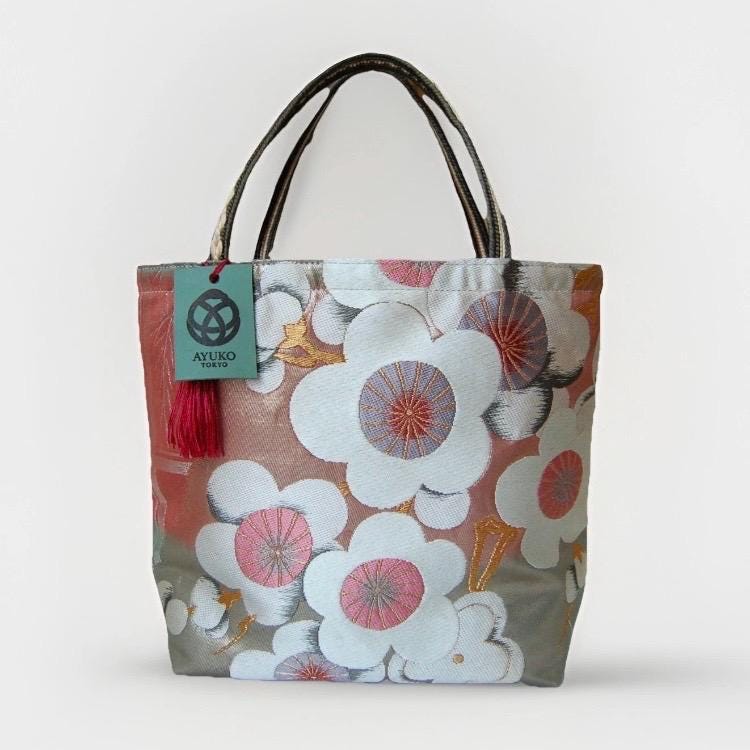 Vintage Fukuro Obi Mini Tote Bag — White & Pink Plum Blossom on Matcha Green Silk