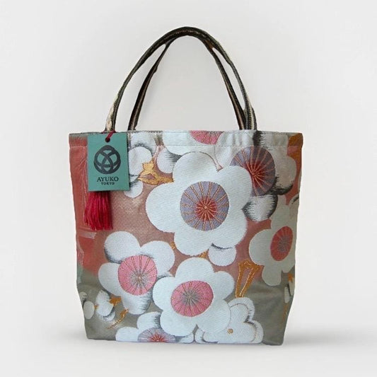 Vintage Fukuro Obi Mini Tote Bag — White & Pink Plum Blossom on Matcha Green Silk