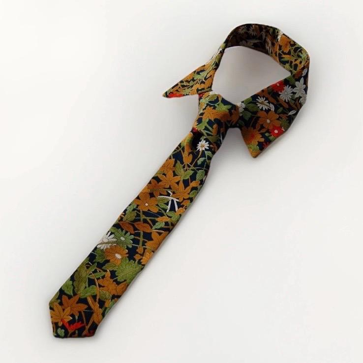 Vintage Komon Silk Detachable Collar Tie — Navy Botanical Floral 草花文