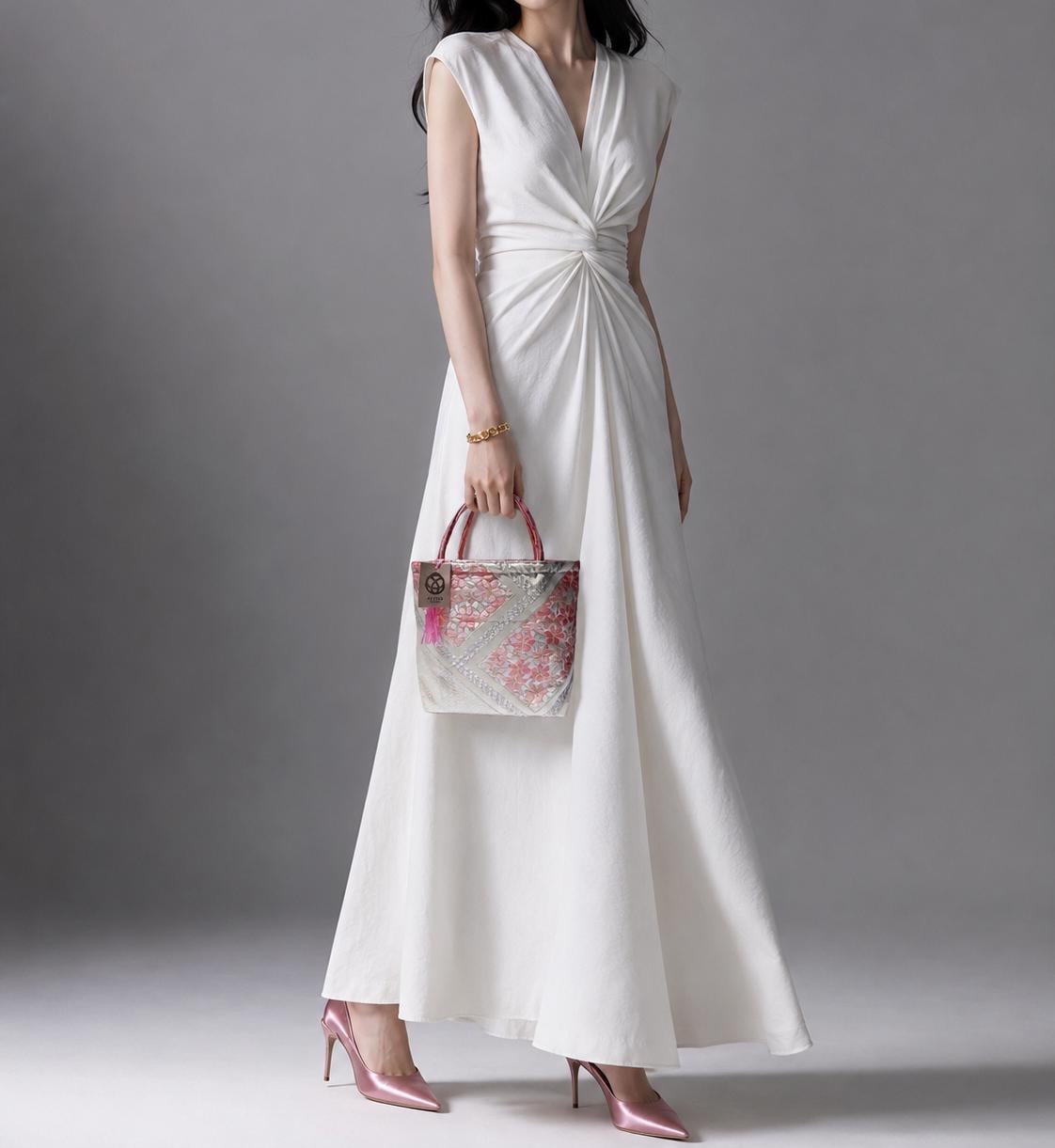 Vintage Fukuro Obi Mini Tote Bag — Pink Sakura on White & Silver Silk