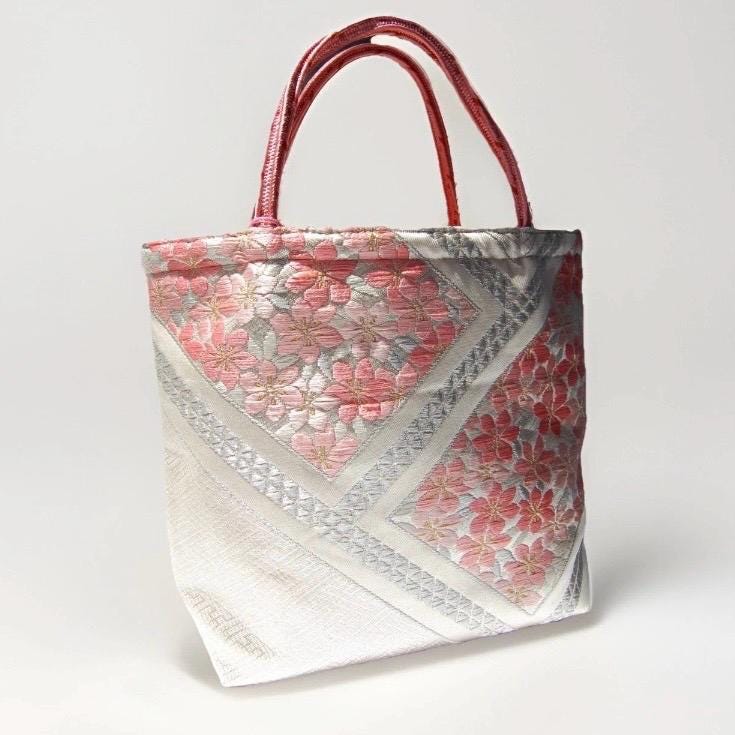 Vintage Fukuro Obi Mini Tote Bag — Pink Sakura on White & Silver Silk
