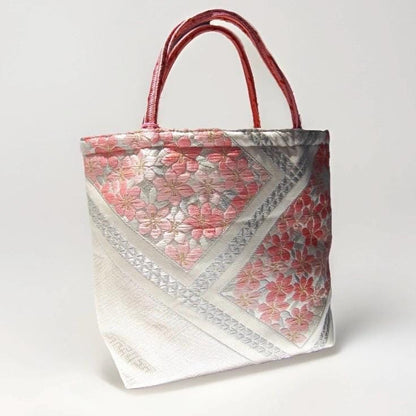 Vintage Fukuro Obi Mini Tote Bag — Pink Sakura on White & Silver Silk