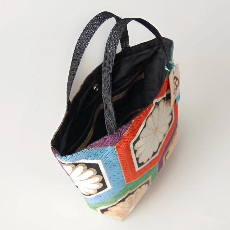 Kikkō Chrysanthemum 亀甲菊文様 Vintage Obi Silk Tote in Black Multi