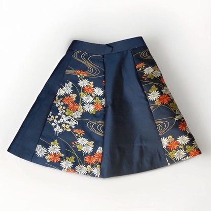 Vintage Obi Silk A-Line Mini Skirt in Navy Chrysanthemum