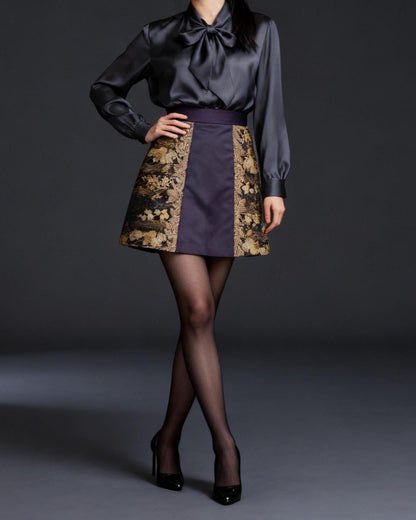Vintage Obi Silk A-Line Mini Skirt in Dark Gold Floral