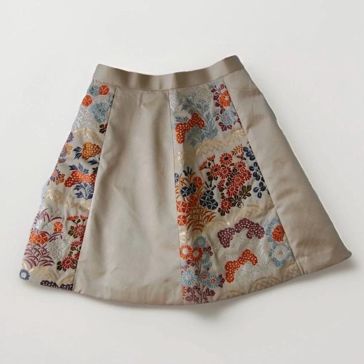 Vintage Obi Silk Mini Skirt in Beige with Floral Motifs