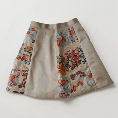 Vintage Obi Silk Mini Skirt in Beige with Floral Motifs