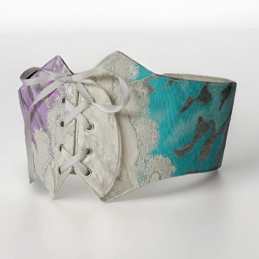 Vintage Fukuro Obi Corset Belt — Turquoise & Silver Silk