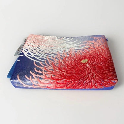 Vintage Fukuro Obi Shoulder Bag — Red & Pink Ran-Giku Chrysanthemum on Blue Silk