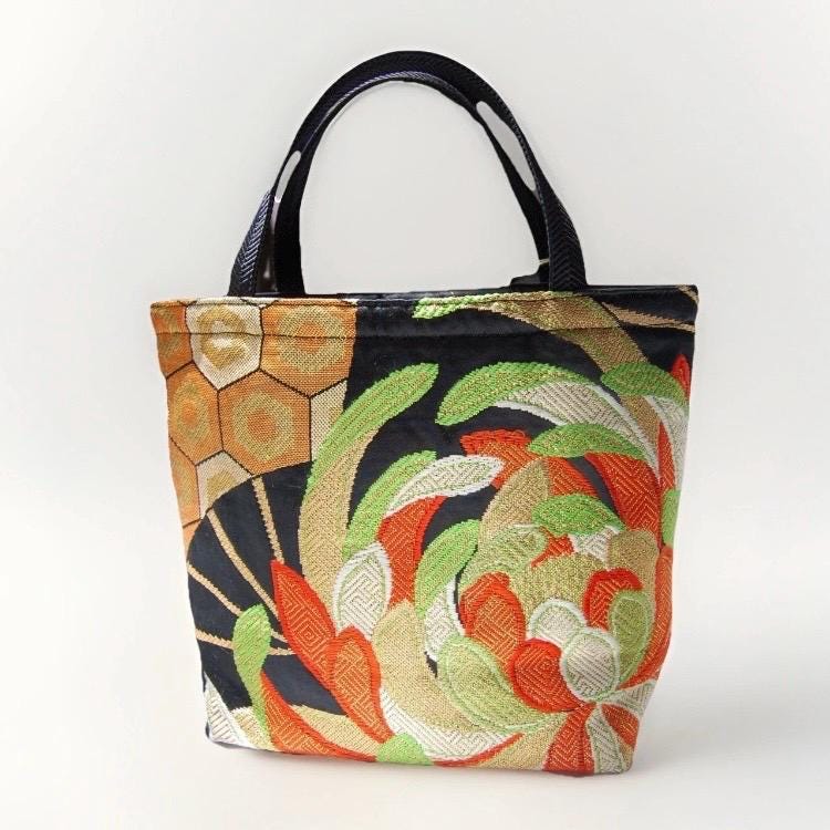 Rangiku 乱菊 Chrysanthemum Vintage Obi Silk Tote in Green Gold Orange