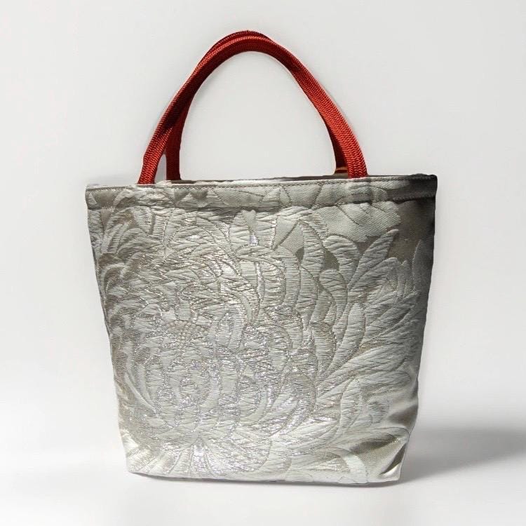 Rangiku 乱菊 Chrysanthemum Vintage Obi Silk Tote in Orange Silver
