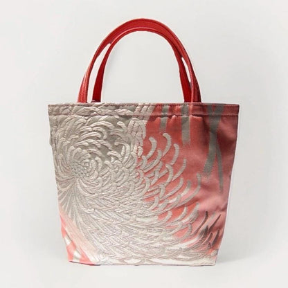 Rangiku 乱菊 Chrysanthemum Vintage Obi Silk Tote in Salmon Pink Silver