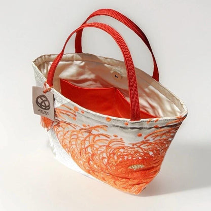 Rangiku 乱菊 Chrysanthemum Vintage Obi Silk Tote in Orange Silver