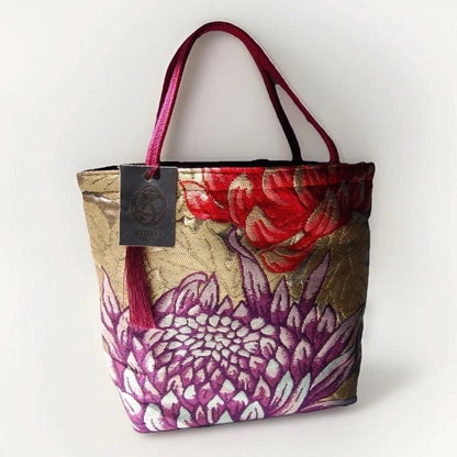 Rangiku 乱菊 Chrysanthemum Vintage Obi Silk Tote in Purple Gold