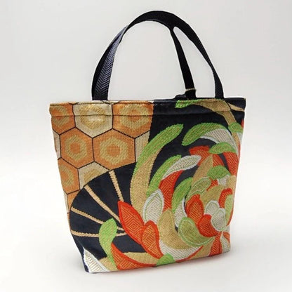 Rangiku 乱菊 Chrysanthemum Vintage Obi Silk Tote in Green Gold Orange
