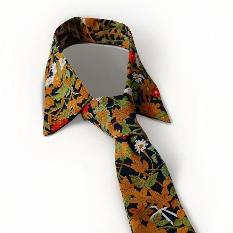 Vintage Komon Silk Detachable Collar Tie — Navy Botanical Floral 草花文