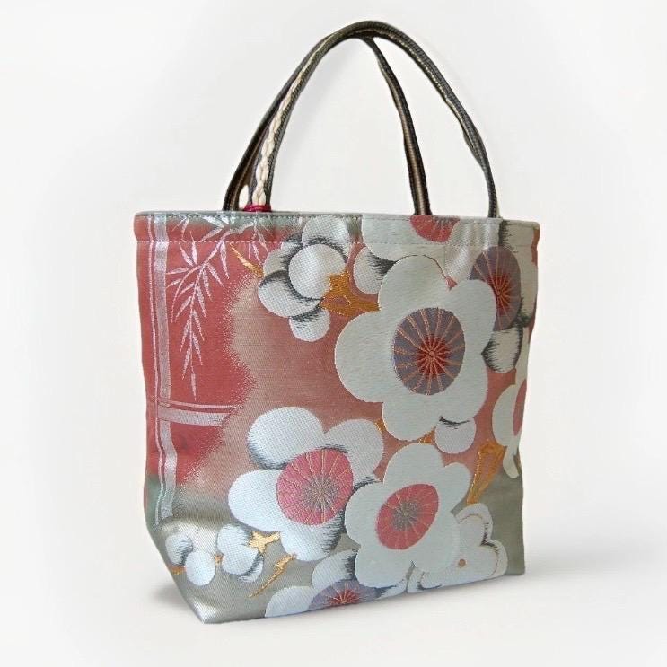 Vintage Fukuro Obi Mini Tote Bag — White & Pink Plum Blossom on Matcha Green Silk