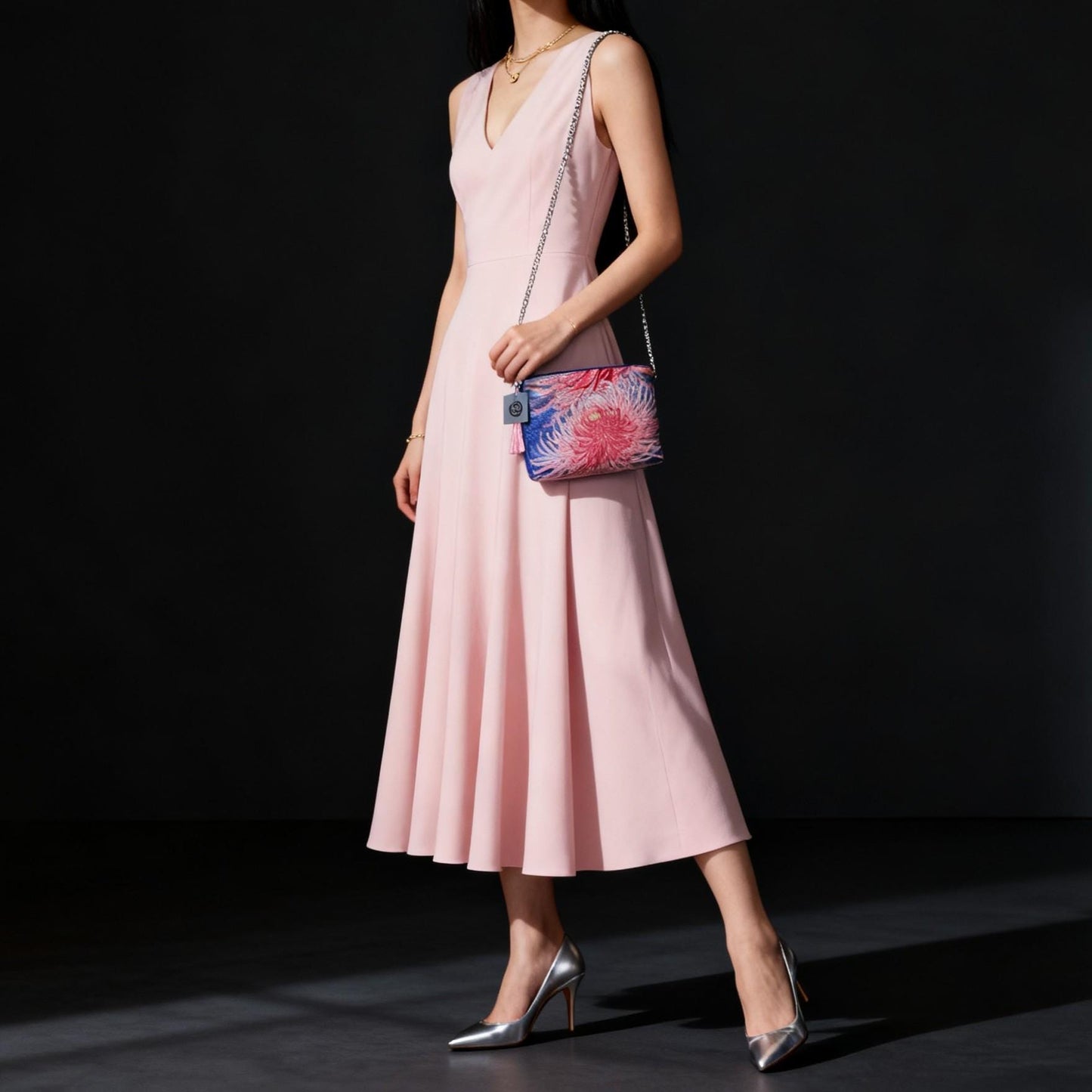 Vintage Fukuro Obi Shoulder Bag — Pink Ran-Giku Chrysanthemum on Blue Silk