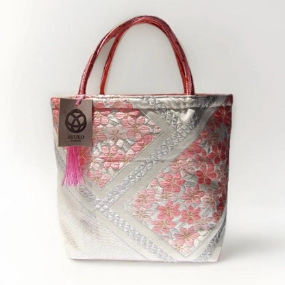 Vintage Fukuro Obi Mini Tote Bag — Pink Sakura on White & Silver Silk