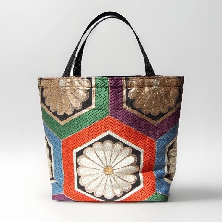 Kikkō Chrysanthemum 亀甲菊文様 Vintage Obi Silk Tote in Black Multi