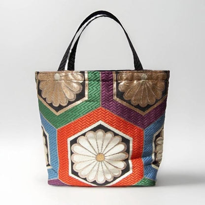 Kikkō Chrysanthemum 亀甲菊文様 Vintage Obi Silk Tote in Black Multi