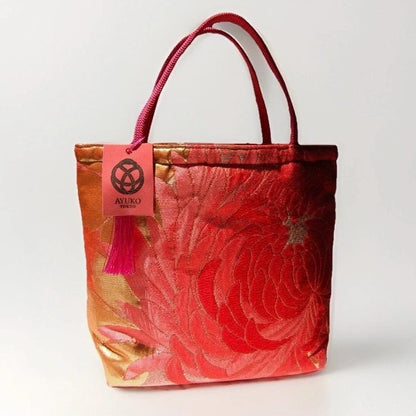 Rangiku 乱菊 Chrysanthemum Vintage Obi Silk Tote in Red Gold