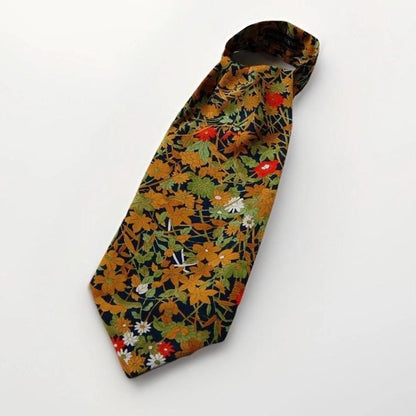 Vintage Komon Kimono Silk Cravat — Botanical Chrysanthemum & Maple 草花文