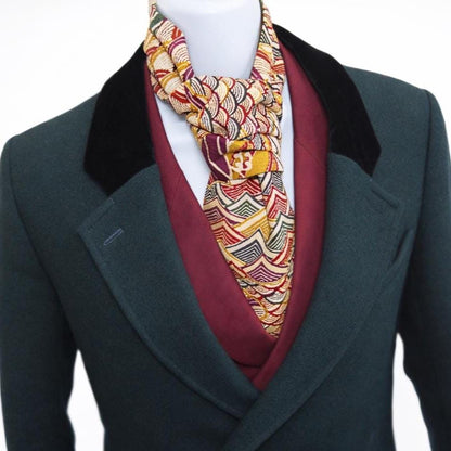 Vintage Obi Silk Cravat — Multicolor Arrow Feather & Wave Motifs 矢羽根立波文