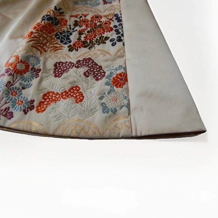 Vintage Obi Silk Mini Skirt in Beige with Floral Motifs