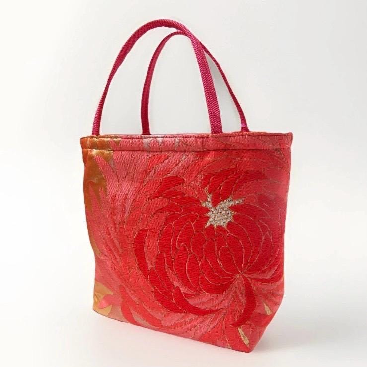 Rangiku 乱菊 Chrysanthemum Vintage Obi Silk Tote in Red Gold