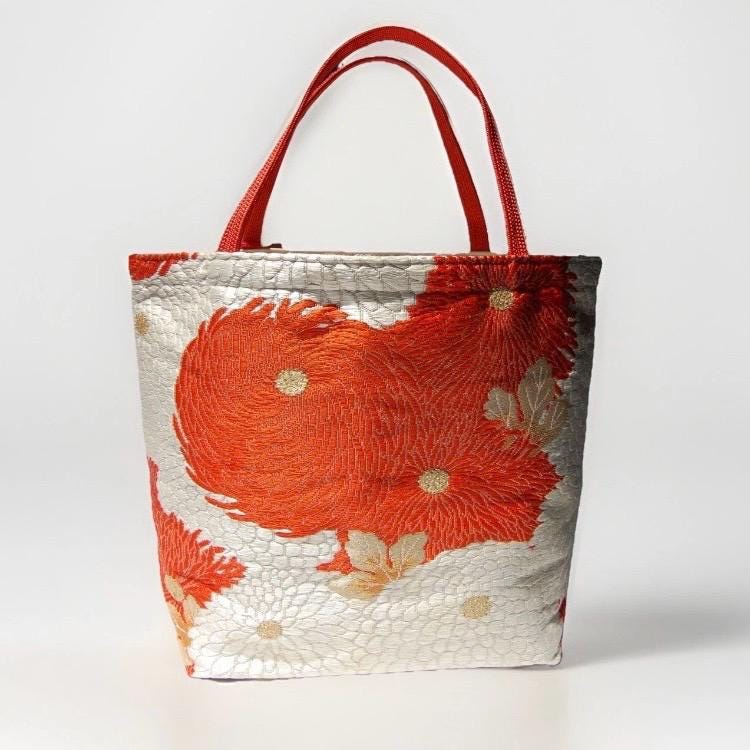 Kiku-zukushi 菊尽くし Vintage Obi Silk Tote in Crimson White