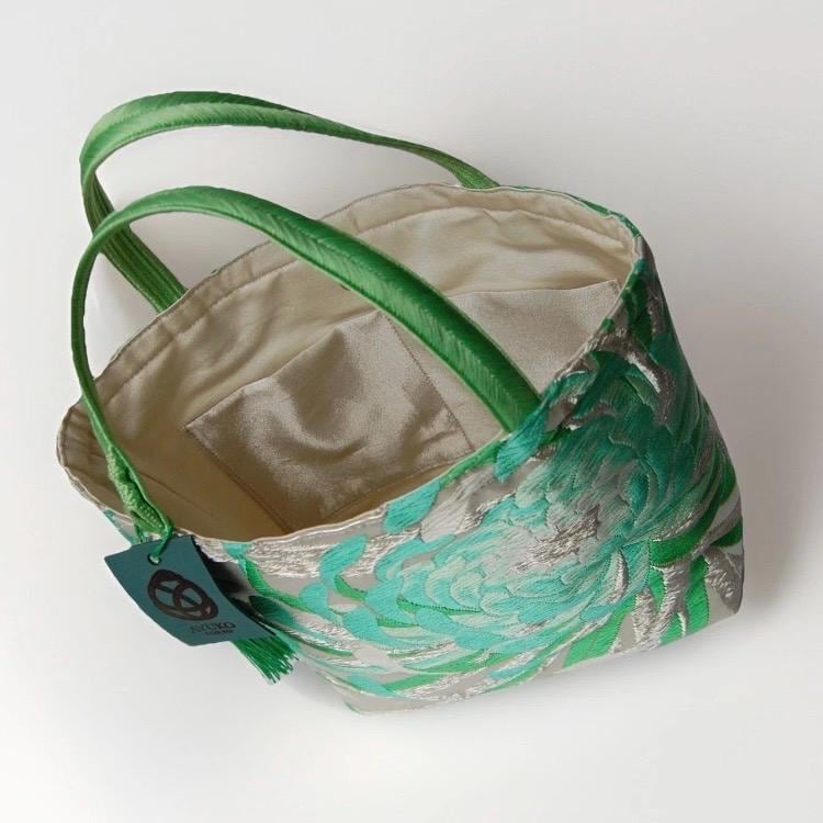 Rangiku 乱菊 Chrysanthemum Vintage Obi Silk Tote in Mint Silver