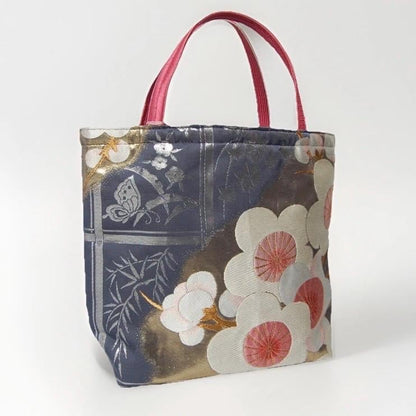 Vintage Fukuro Obi Mini Tote Bag — White & Pink Plum Blossom on Navy Silk