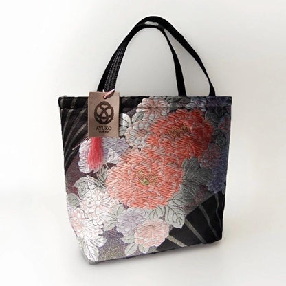 Vintage Fukuro Obi Mini Tote Bag — Peony & Fan Motif on Black Silk