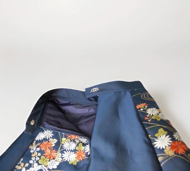 Vintage Obi Silk A-Line Mini Skirt in Navy Chrysanthemum