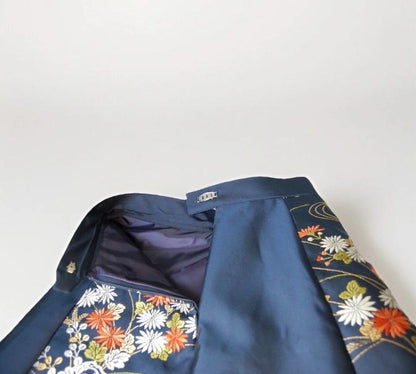 Vintage Obi Silk A-Line Mini Skirt in Navy Chrysanthemum