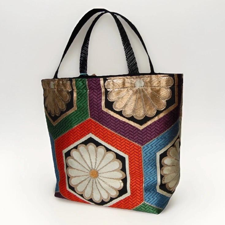 Kikkō Chrysanthemum 亀甲菊文様 Vintage Obi Silk Tote in Black Multi
